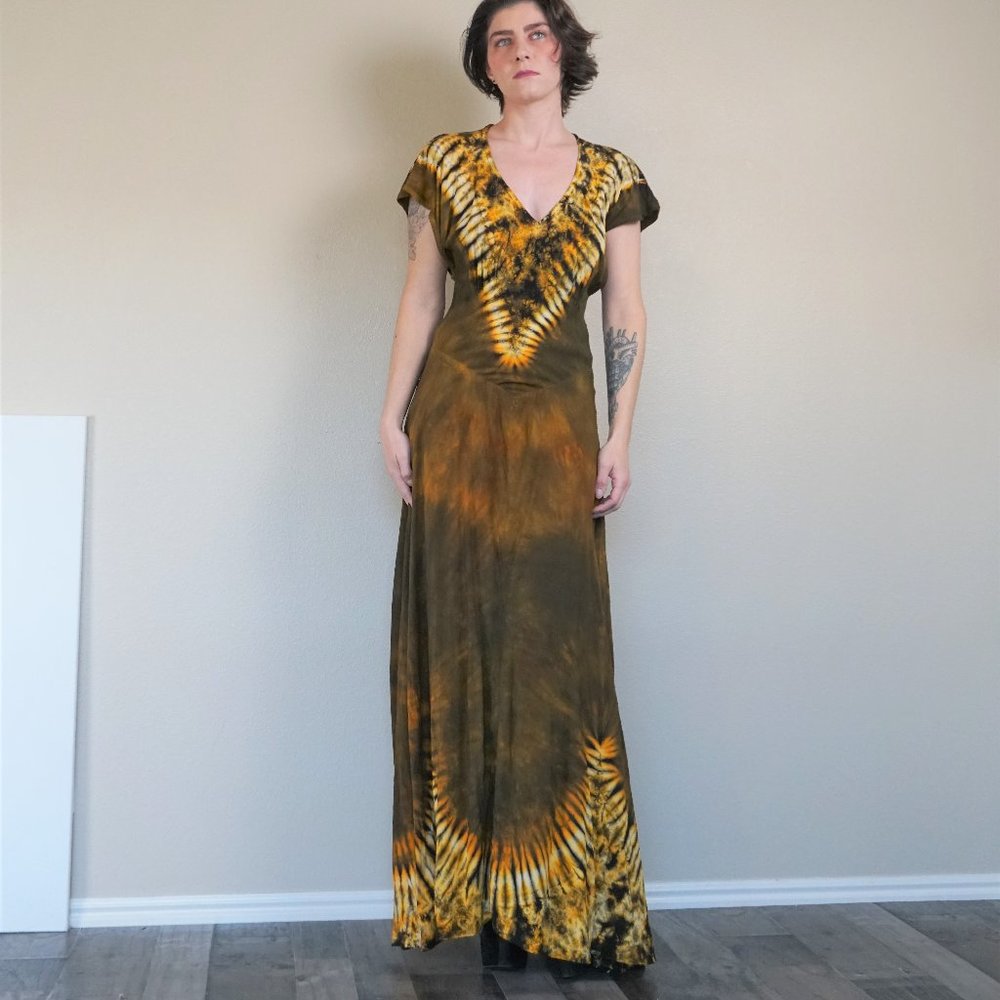 Vintage Yellow & Black Tie Dye Short Sleeve Dress - Picture 6 of 6